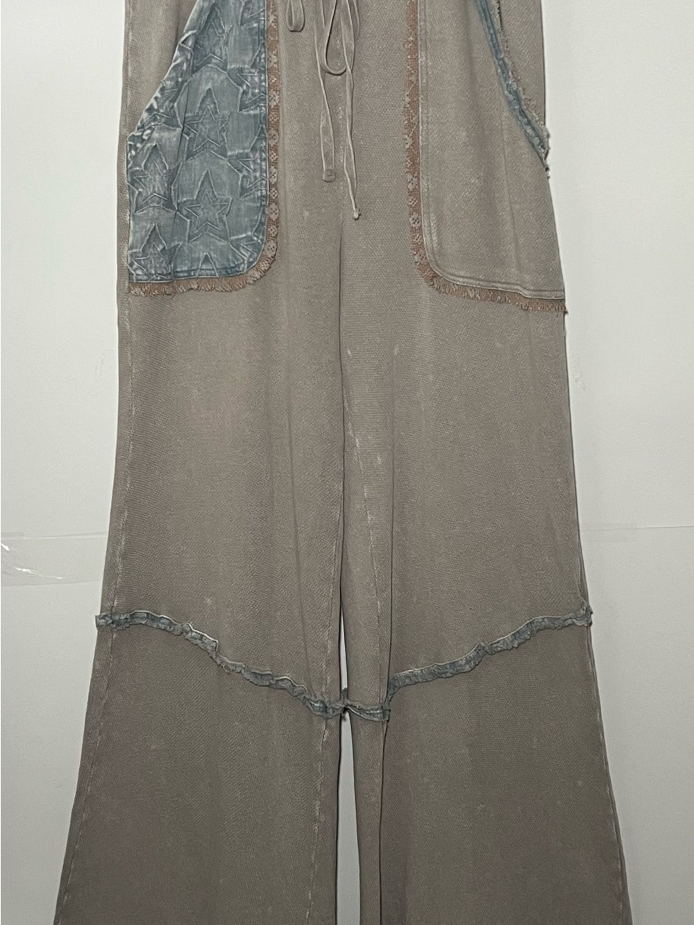 Sag Harbor Boho Patchwork Wide Leg Cotton Drawstring Pants Gray Small